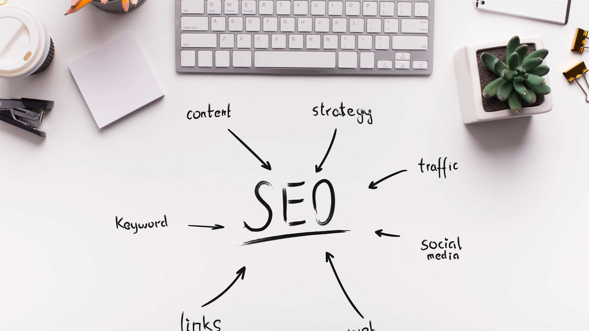 Desk view from above with the SEO word inscribed and best practices defined