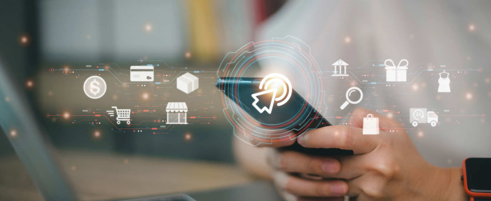 A person holding a phone with e-commerce info-graphics floating around.