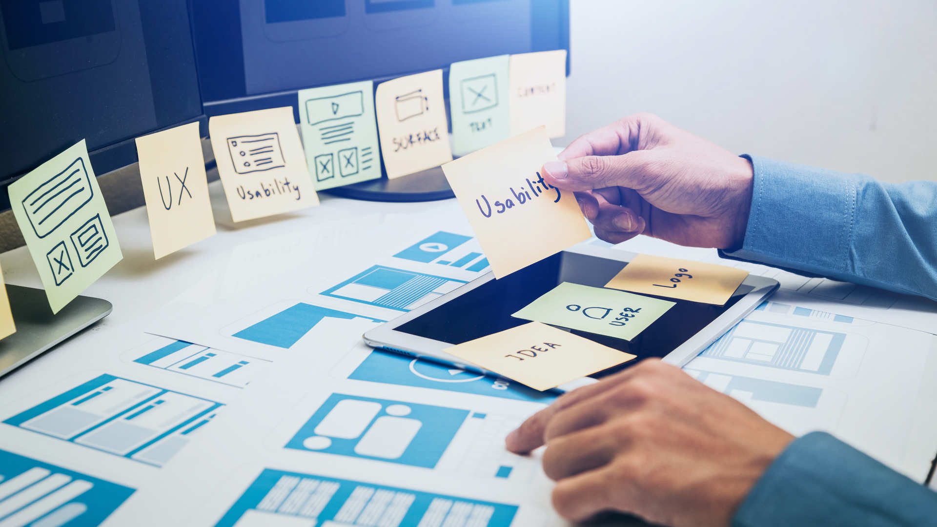 A person holding a Post-It note labelled "usability" on a desk covered with UX designs. Many more yellow and green notes are stuck to a tablet and computer monitors