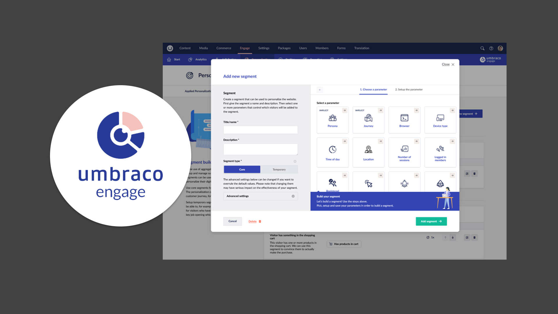 Desktop screenshot of the Umbraco Engage tool, showcasing available personalisation options.