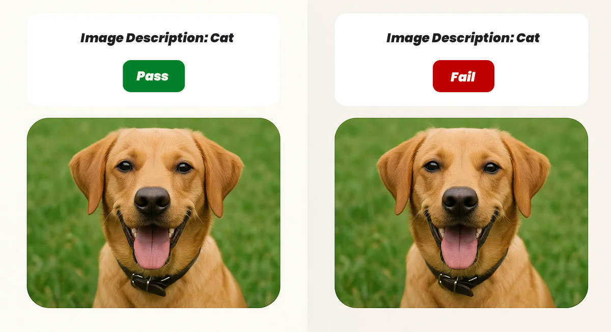 Two identical photos of a golden dog labeled “Image Description: Cat.” The left shows a green “Pass” badge; the right shows a red “Fail” badge, demonstrating how automated tools can wrongly approve incorrect alt text.