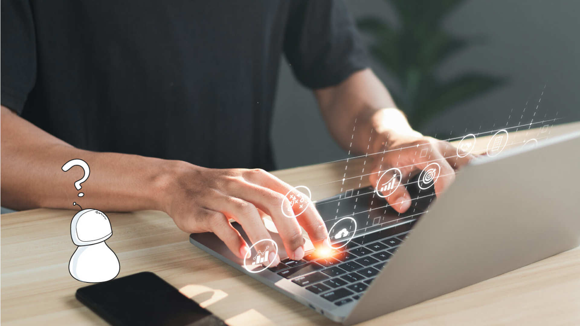 A person typing on a computer with stats floating in the air.