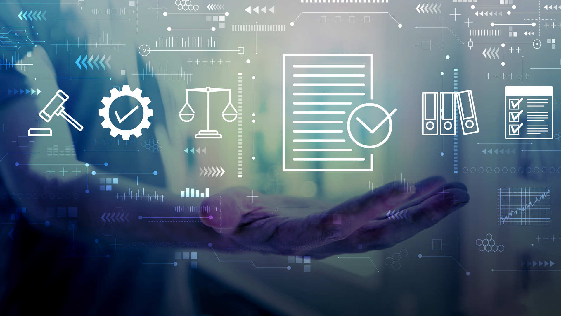 Hand is holding floating images related to security and ethics of AI