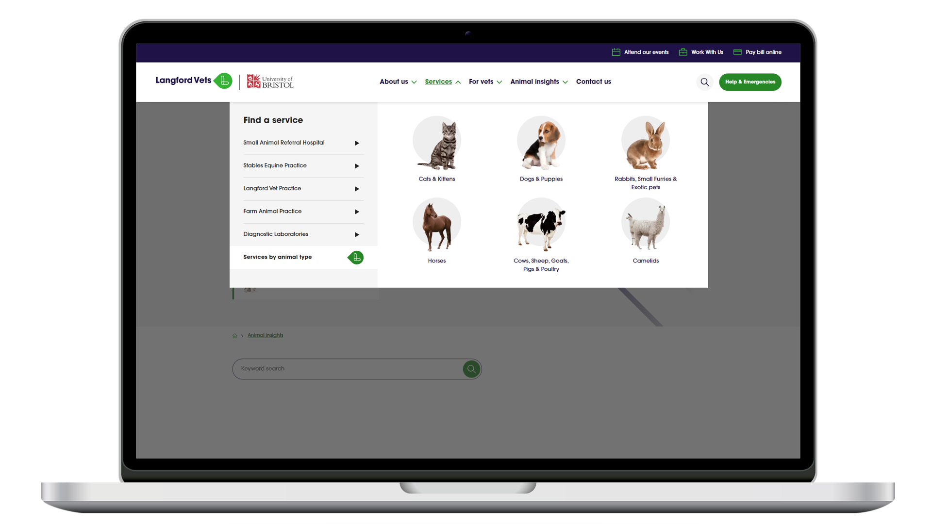 Open Services by animal type menu