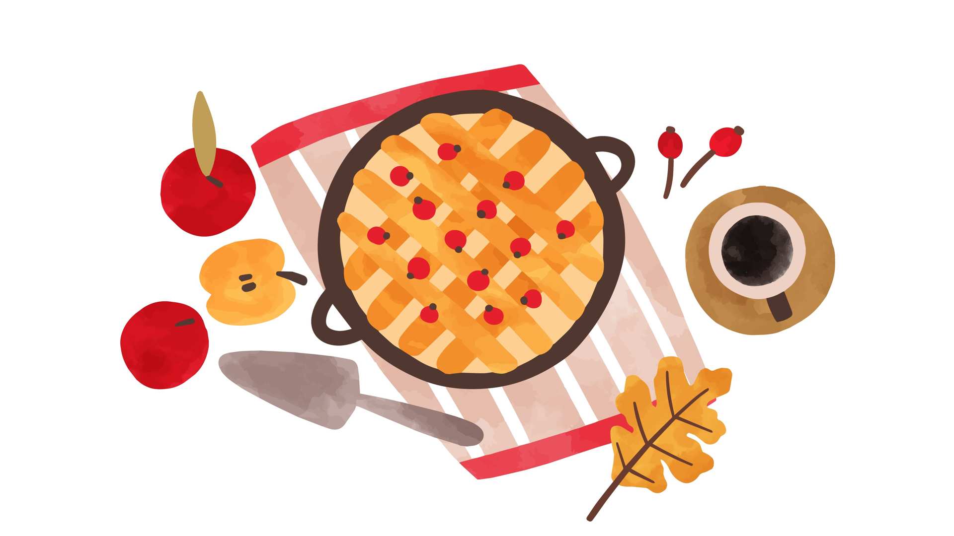 An illustration of a pie and a cup of coffee