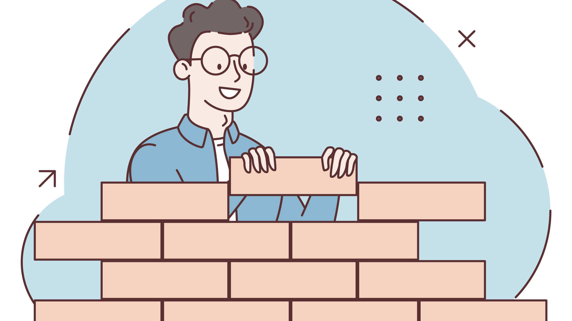 Line art illustration of a cheerful person with circular glasses, carefully placing a brick in a wall.