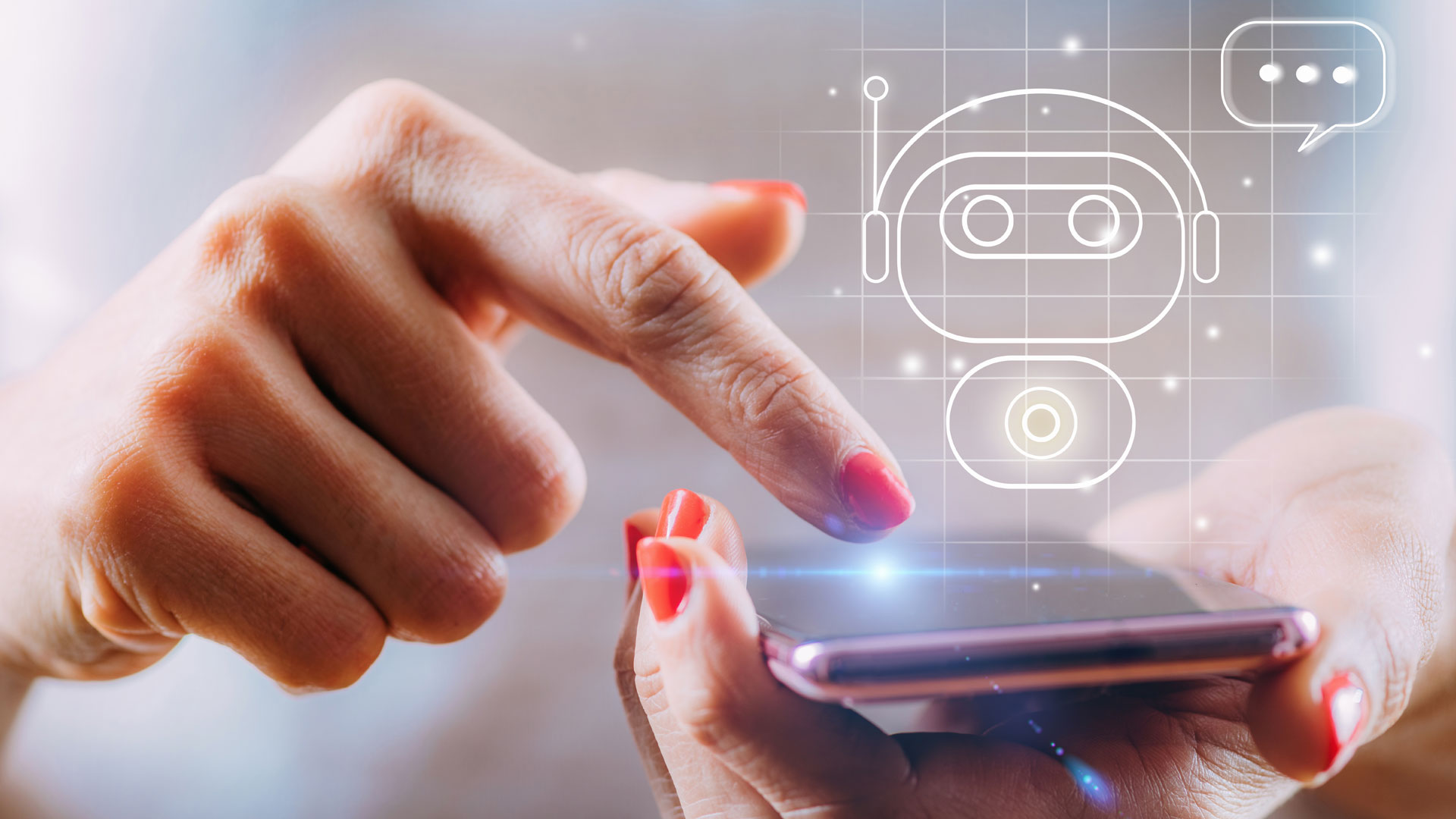 Woman hands holding a phone and a chatbot image floating at the top