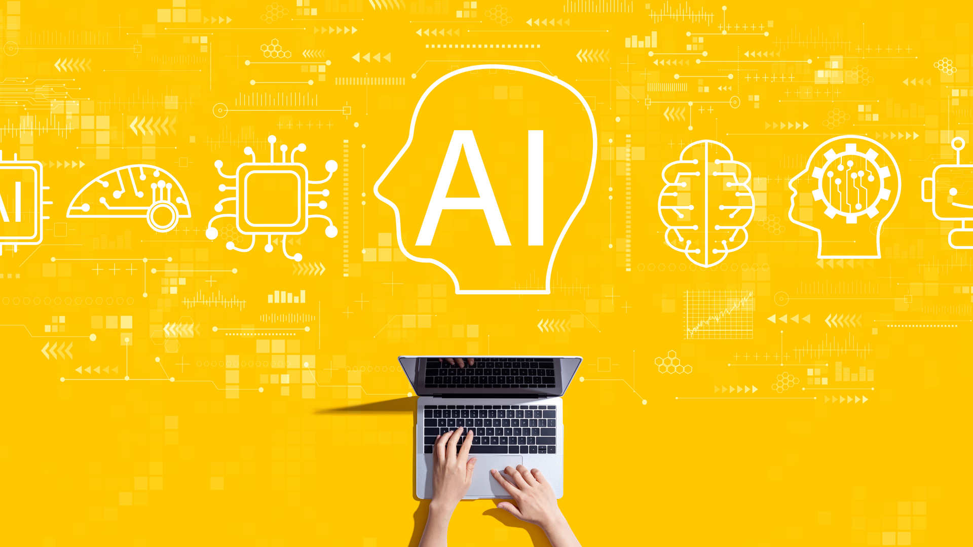 Person is typing on the laptop and AI word is inscribed in the head