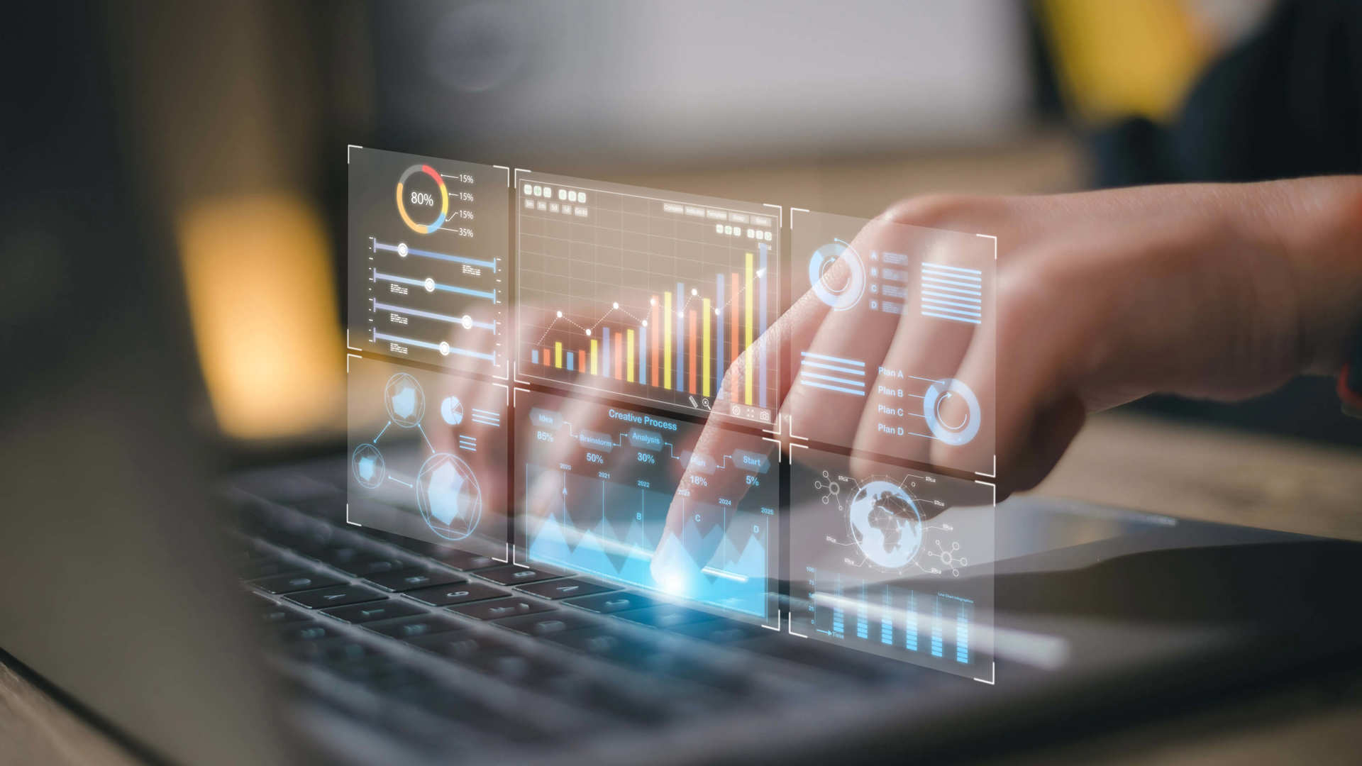 Data analyst working on business analytics dashboard with charts, metrics and KPI to analyze performance and create insight reports for operations management.