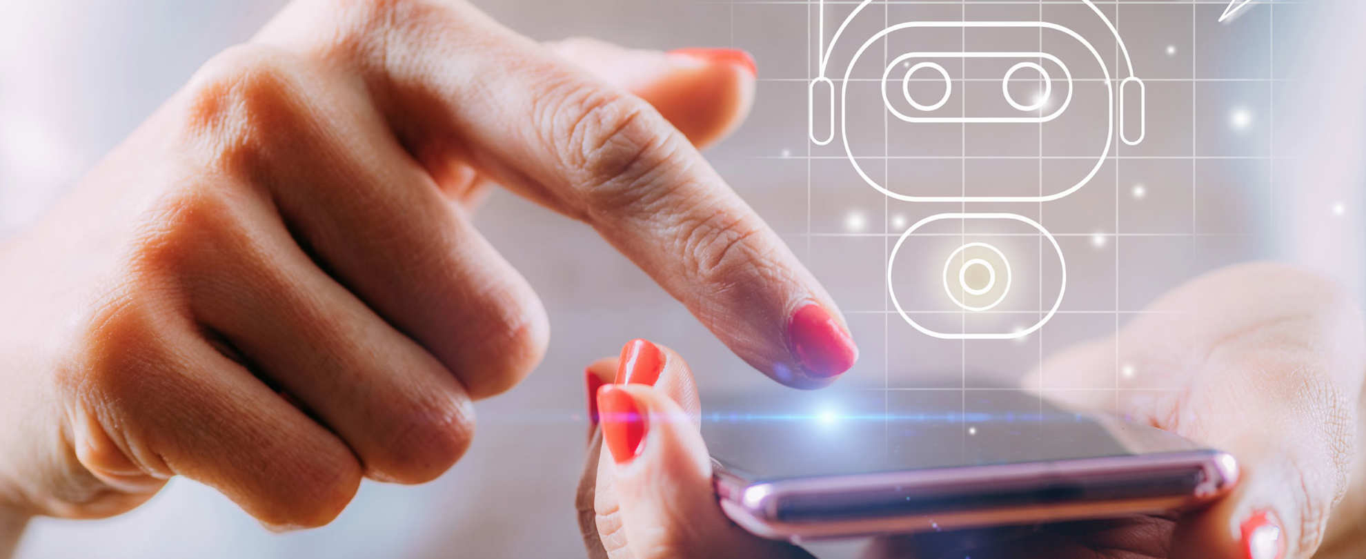 a hand holding a phone and a chatbot image floating above